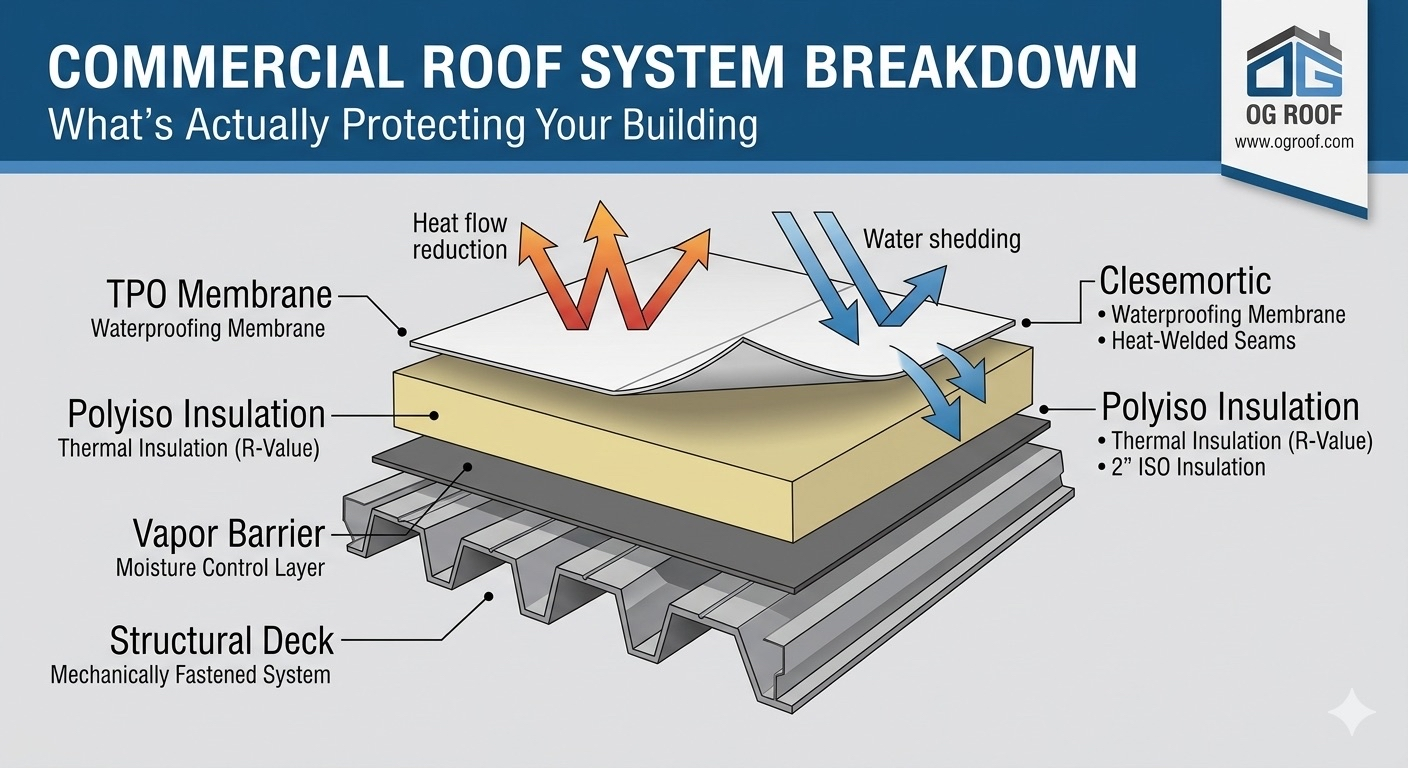 Commercial roof system layers diagram: structural deck, vapor barrier, polyiso insulation, TPO membrane, waterproofing