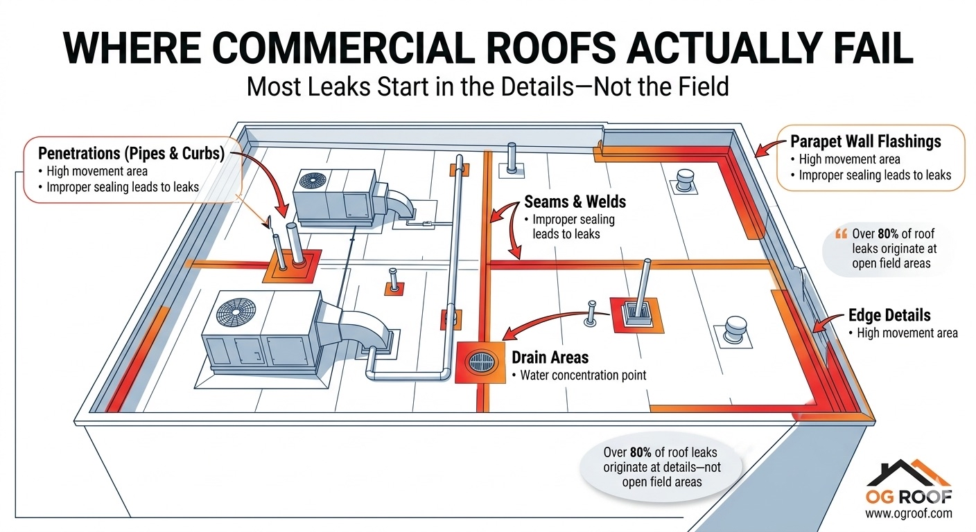 Diagram showing the five failure points on commercial roofs: penetrations, seams, parapet flashings, drain areas, and edge details